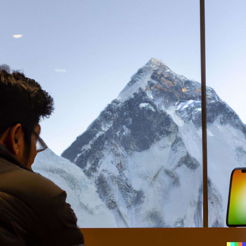 someone gazing at Mount Everest in an Apple Store
